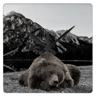 Sleeping Bear Rustic Cabin Decor Landscape Square Wall Clock