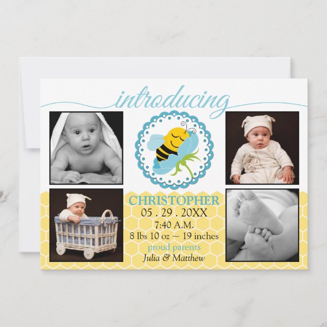 Sleeping Bee Baby Boy Photo Birth Announcement (Front)