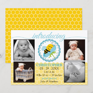 Sleeping Bee Baby Boy Photo Birth Announcement