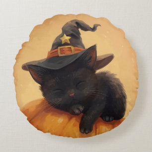 Sleeping Black Cat Halloween Round Pillow