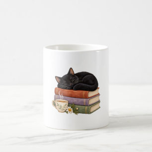 Sleeping Black Cat on Books with Tea Coffee Mug
