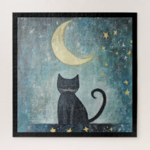 Sleeping Black Cat with Crescent Moon and Stars