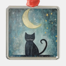 Sleeping Black Cat with Crescent Moon and Stars