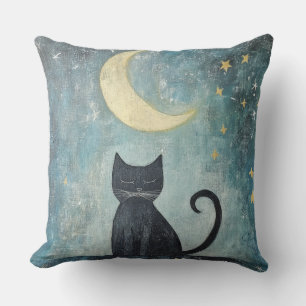 Sleeping Black Cat with Crescent Moon and Stars Throw Pillow