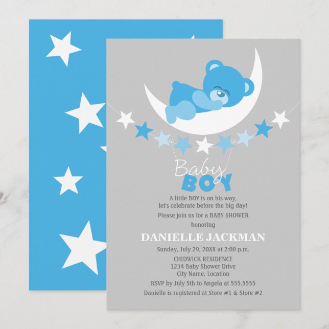 Sleeping Blue Boy Teddy Bear on Moon Baby Shower Invitation (Front/Back)
