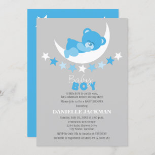 Sleeping Blue Boy Teddy Bear on Moon Baby Shower Invitation