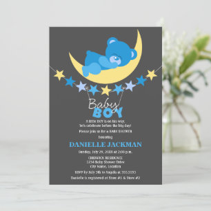 Sleeping Blue Boy Teddy Bear on Moon Baby Shower Invitation