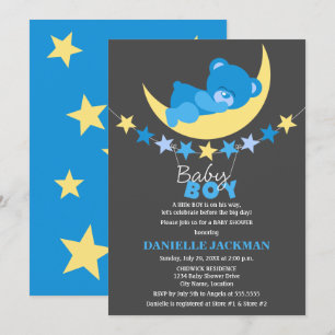 Sleeping Blue Boy Teddy Bear on Moon Baby Shower Invitation