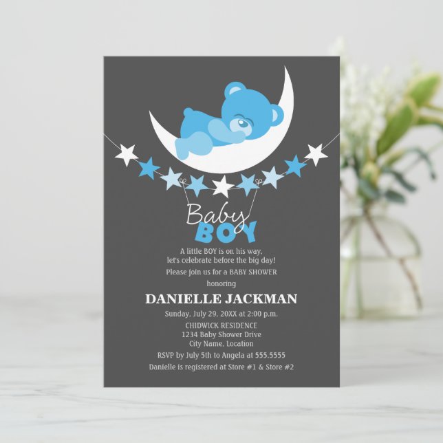Sleeping Blue Boy Teddy Bear on Moon Baby Shower Invitation (Standing Front)