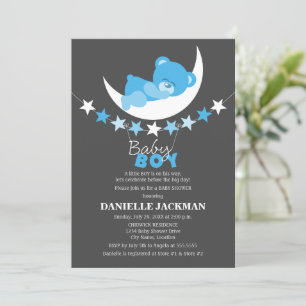 Sleeping Blue Boy Teddy Bear on Moon Baby Shower Invitation