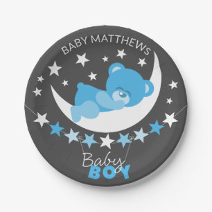 Sleeping Blue Boy Teddy Bear On Moon Baby Shower Paper Plate