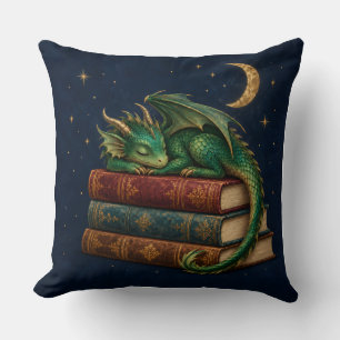 Sleeping Book Dragon Under a Crescent Moon Throw Pillow