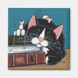 Sleeping Bookworm Tuxedo Cat and Mice Painting Magnet