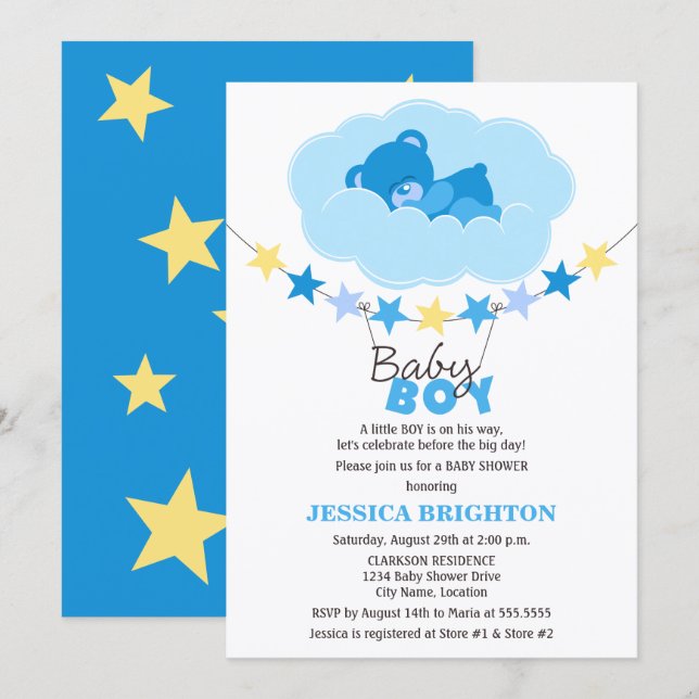 Sleeping Boy Teddy Bear in Cloud Baby Shower Invitation (Front/Back)