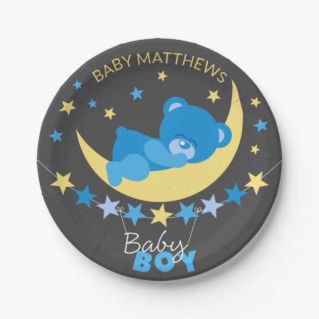 Sleeping Boy Teddy Bear On Moon Baby Shower Paper Plate (Front)