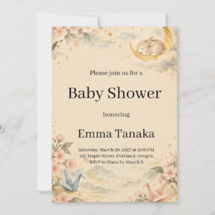 Sleeping Bunny Moon Cherry Blossom Baby Shower Invitation