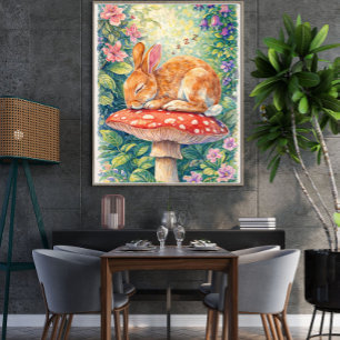 Sleeping Bunny on Toadstool – Whimsical Woodland Poster