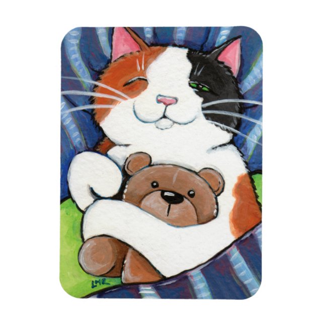 Sleeping Calico Cat and Teddy Bear Magnet (Vertical)
