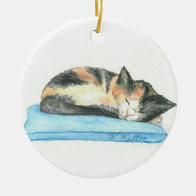Sleeping Calico Kitten Christmas Ornament (Front)