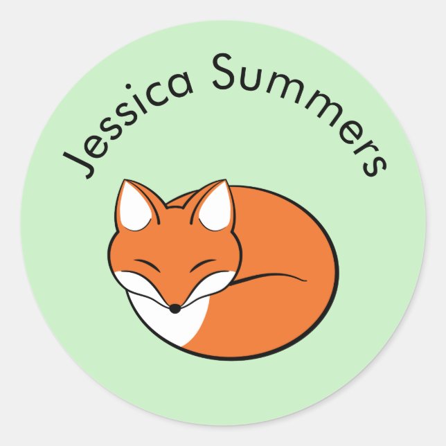 Sleeping Cartoon Fox Custom Message on Green Classic Round Sticker (Front)