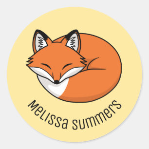Sleeping Cartoon Fox Custom Name Yellow Classic Round Sticker