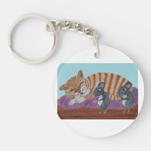 Sleeping Cat and Sneaky Mice Acrylic Keychain