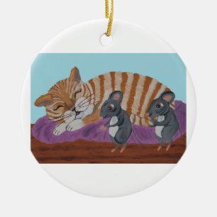 Sleeping Cat and Sneaky Mice Ceramic Ornament