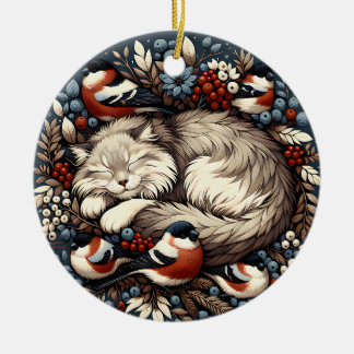 Sleeping Cat & Bullfinches Ornament