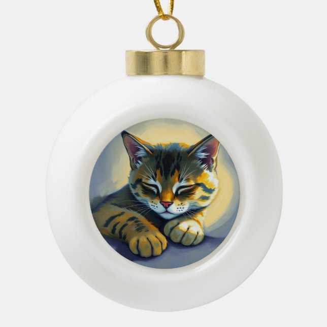 Sleeping cat ceramic ball christmas ornament (Front)