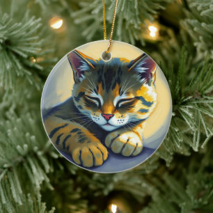 Sleeping cat ceramic ornament