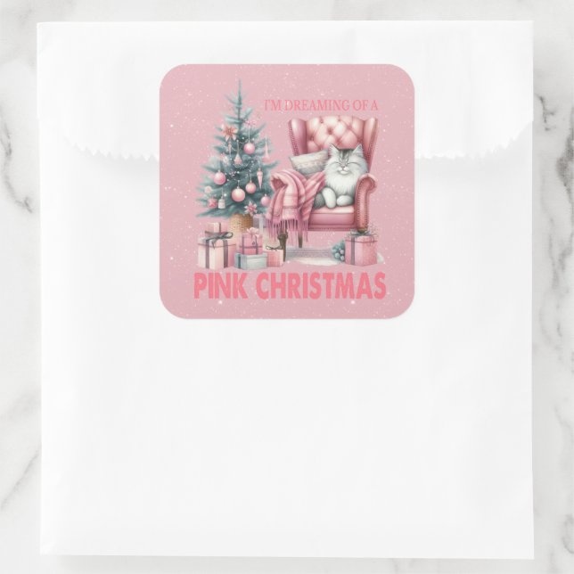 Sleeping Cat I'm Dreaming of a Pink Christmas Square Sticker (Bag)