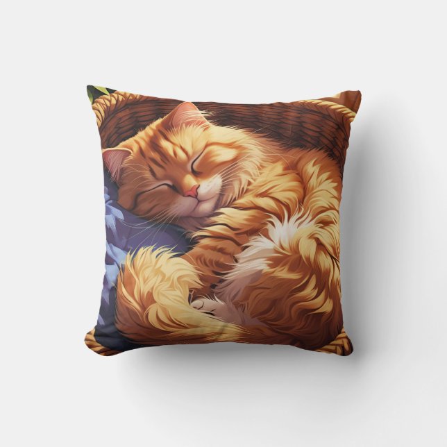 Sleeping Cat in a Basket Throw Pillow (Front)