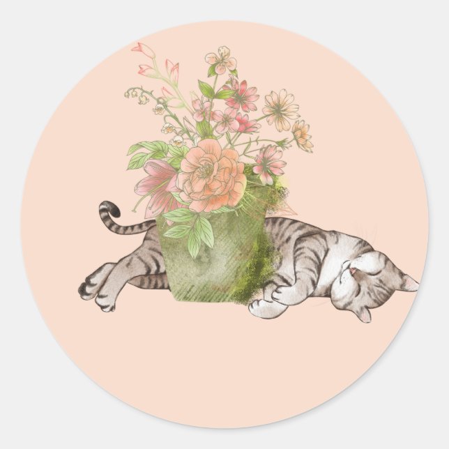 Sleeping Cat in the Garden Pink and Green Classic Round Sticker (Front)