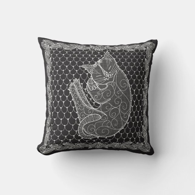 Sleeping Cat Lace Doily Throw Pillow (black) (Front)