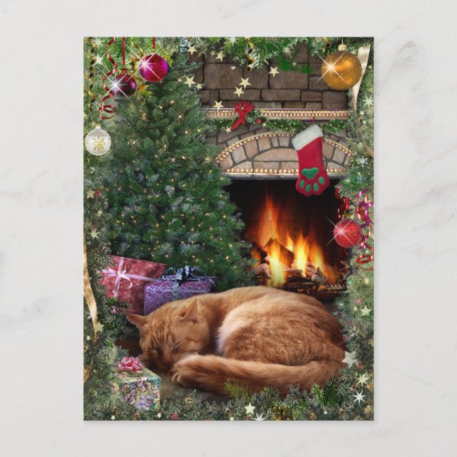 Sleeping Cat next to the Fireplace on Christmas Holiday Postcard (Front)