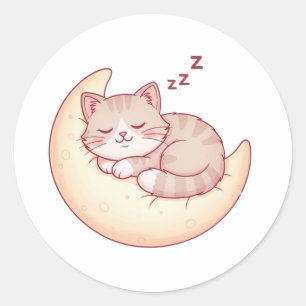 Sleeping Cat on a Moon Pillow – Cozy Cat Nap Classic Round Sticker