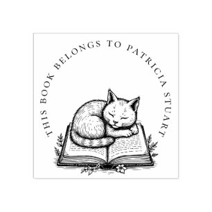 Sleeping Cat on Book Circular Name Ex Libris Rubber Stamp