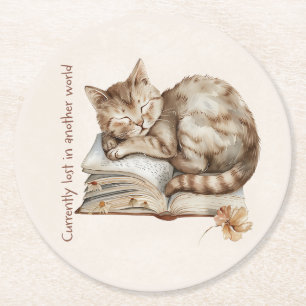 Sleeping Cat on Book Round Paper Coaster