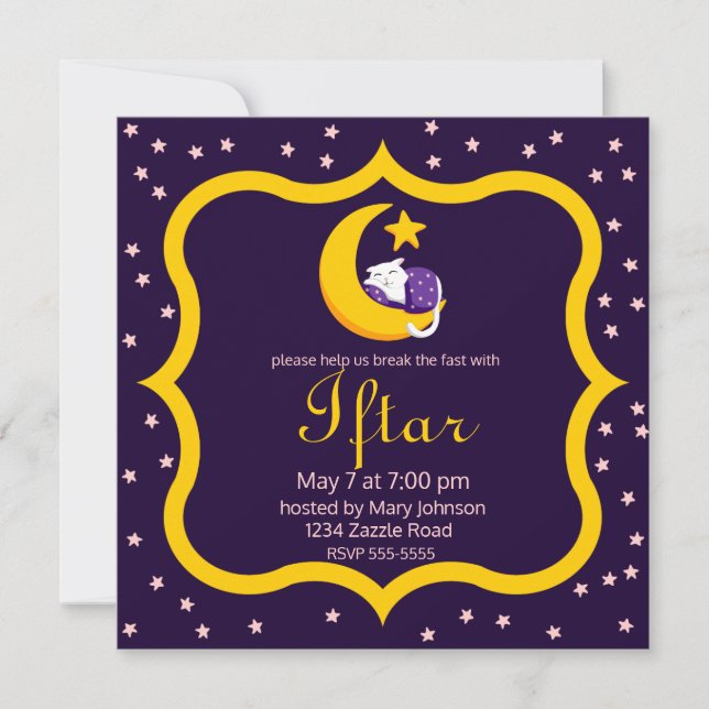 Sleeping Cat on Crescent Moon Star Ramadan Invitation (Front)