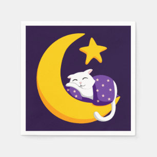 Sleeping Cat on Crescent Moon Star Ramadan Napkin