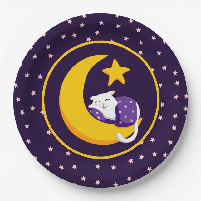 Sleeping Cat on Crescent Moon Star Ramadan Paper Plate (Front)