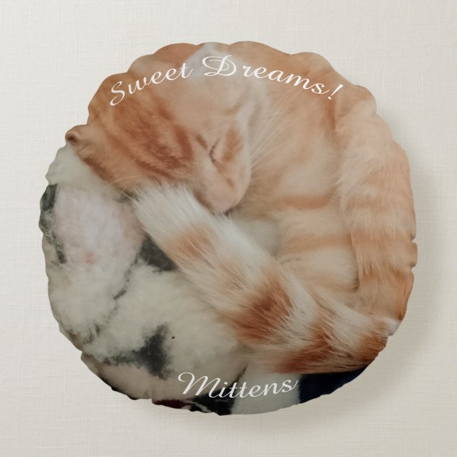 Sleeping Cat Photo, Front & Back, Name  Round Pillow (Front)