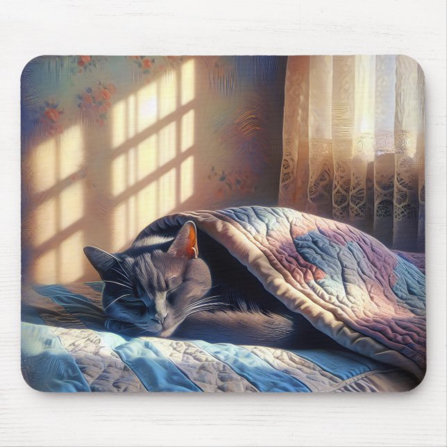 Sleeping Cat Under A Quilt Mouse Pad (Front)