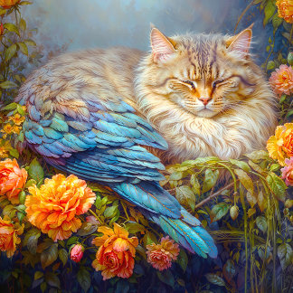 Sleeping Cat with Blue Feathers Nesting in Roses Jigsaw Puzzle