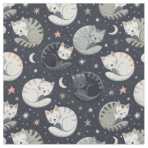 Sleeping Cats Starry Night Pattern - Kids Design Fabric