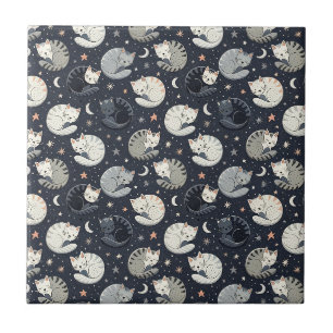 Sleeping Cats Starry Night Pattern - Kids Design Tile