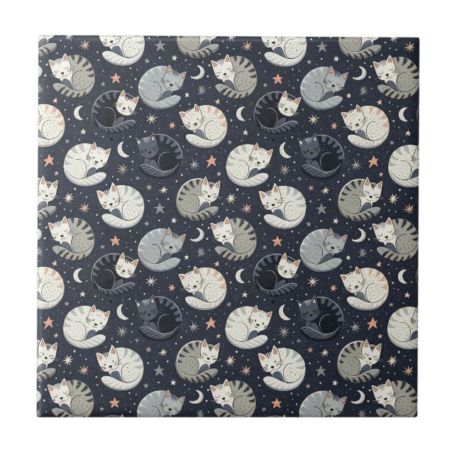 Sleeping Cats Starry Night Pattern - Kids Design Tile (Front)