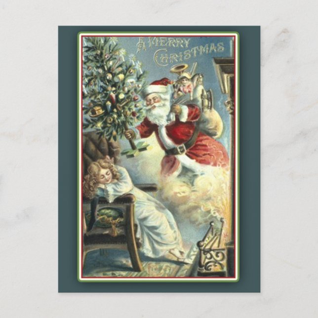 Sleeping Child and Santa Vintage Christmas Card (Front)