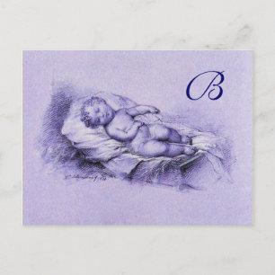 SLEEPING CHILD, BLUE BABY SHOWER MONOGRAM INVITATION POSTCARD