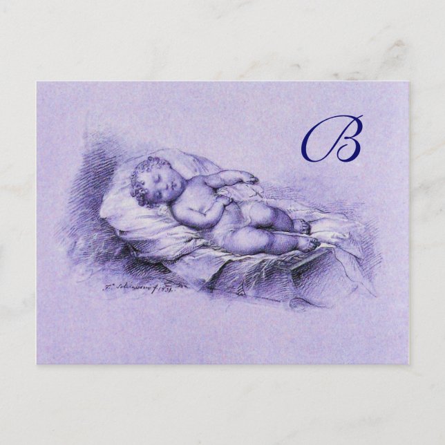 SLEEPING CHILD, BLUE  BABY SHOWER  MONOGRAM INVITATION POSTCARD (Front)